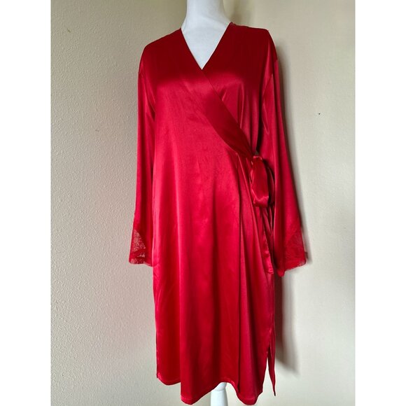 Victoria Secret Long Sleeve Red Satin Robe With Lace Back And Pockets In M L - Picture 1 of 9